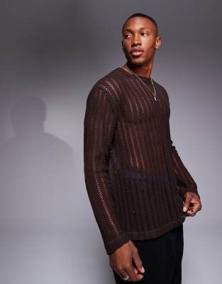 ASOS DESIGN relaxed long sleeve t-shirt in brown open texture