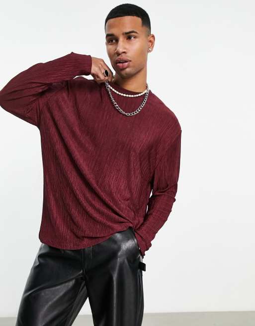 ASOS DESIGN relaxed long sleeve t-shirt in burgundy plisse | ASOS