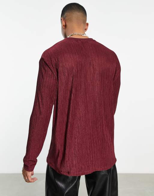 ASOS DESIGN relaxed long sleeve t-shirt in burgundy plisse