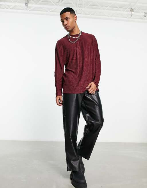 ASOS DESIGN relaxed long sleeve t-shirt in burgundy plisse