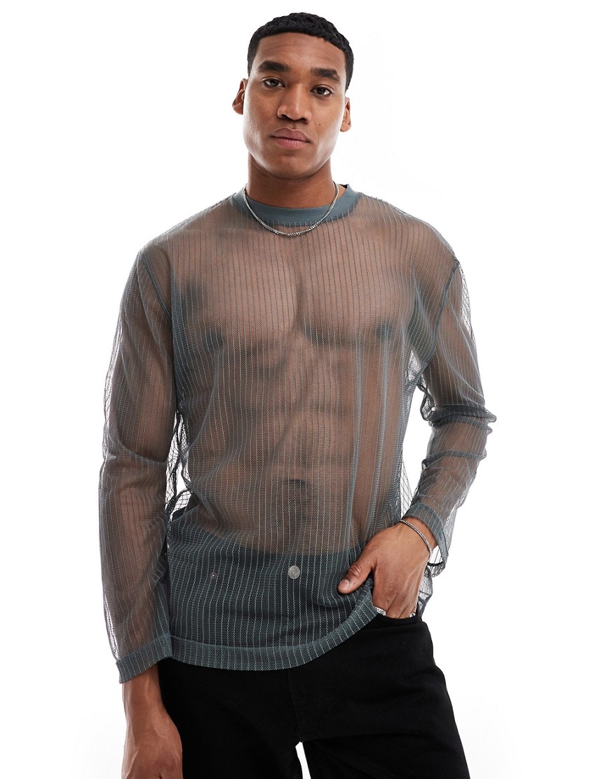 ASOS DESIGN relaxed long sleeve t-shirt in charcoal mesh-Grey