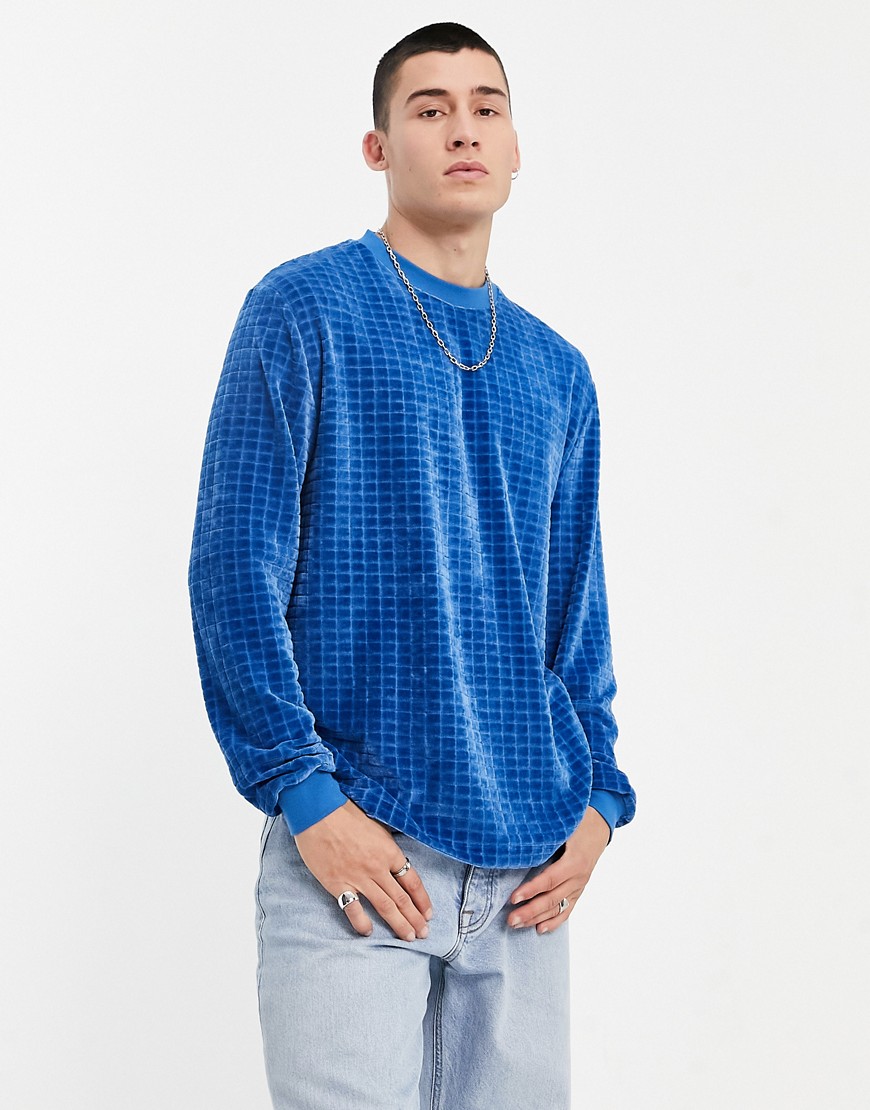 ASOS DESIGN relaxed long sleeve t-shirt in check velour burnout in blue-Purple