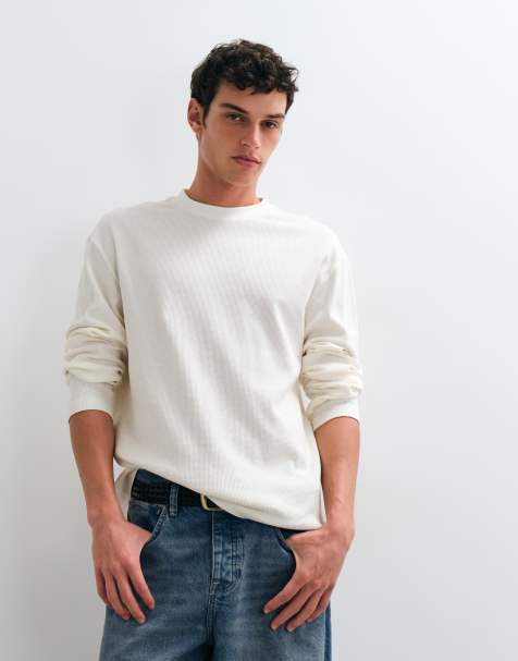 ASOS DESIGN relaxed long sleeve t-shirt in cream waffle - view 1