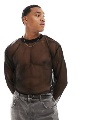 ASOS DESIGN relaxed long sleeve t-shirt in crinkle mesh-Black