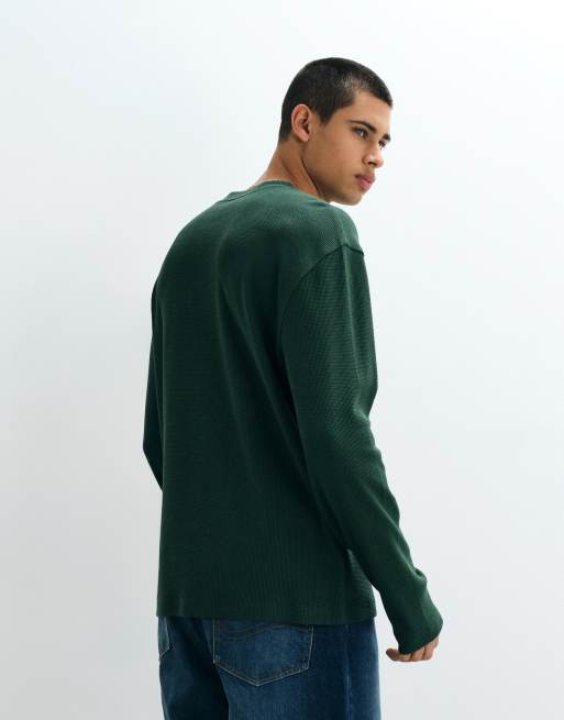 ASOS DESIGN relaxed long sleeve t-shirt in dark green waffle, 5 of 5