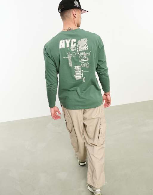 ASOS DESIGN relaxed long sleeve t-shirt in green with back print