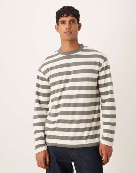 ASOS DESIGN relaxed long sleeve t-shirt in khaki and white stripe - view 1