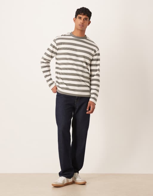 ASOS DESIGN relaxed long sleeve t-shirt in khaki and white stripe, 2 of 5
