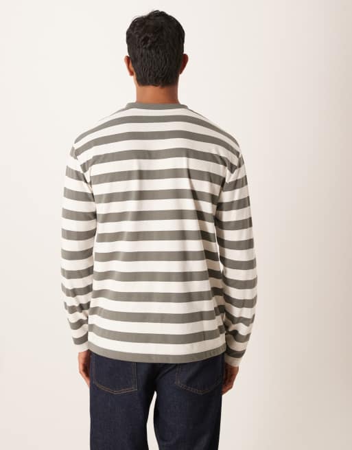 ASOS DESIGN relaxed long sleeve t-shirt in khaki and white stripe, 3 of 5