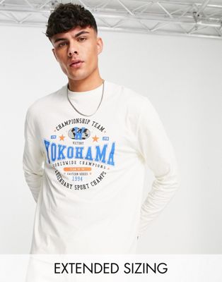 ASOS DESIGN relaxed long sleeve t-shirt in off white with collegiate front print
