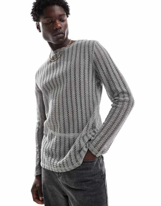 ASOS DESIGN relaxed long sleeve T-shirt in open texture with wide neck in gray