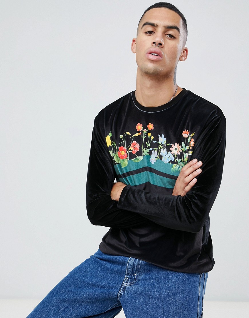 ASOS DESIGN relaxed long sleeve t-shirt in velour with floral print-Black