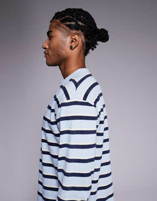 ASOS DESIGN relaxed long sleeve t-shirt in washed blue and navy stripes, 4 of 5