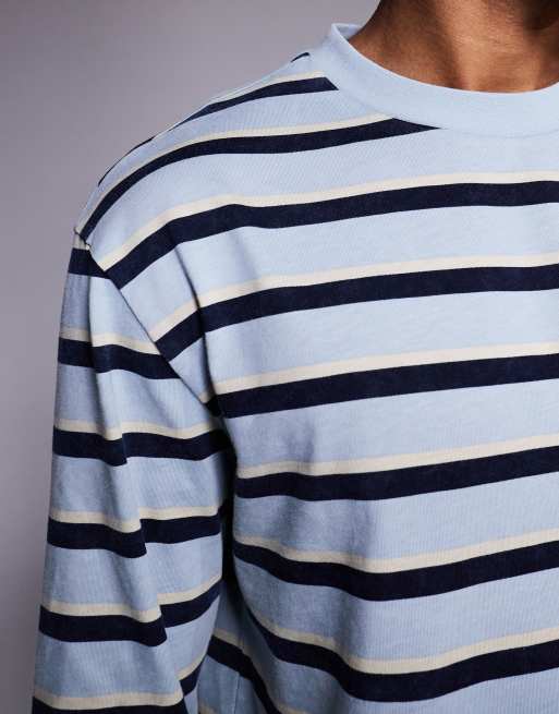 ASOS DESIGN relaxed long sleeve t-shirt in washed blue and navy stripes, 5 of 5