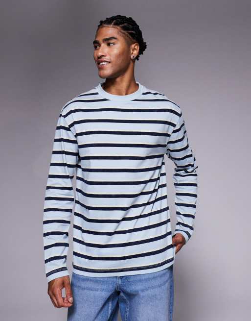 ASOS DESIGN relaxed long sleeve t-shirt in washed grey and beige stripe