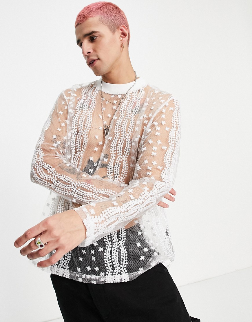 ASOS DESIGN relaxed long sleeve T-shirt in white embroidered sheer fabric