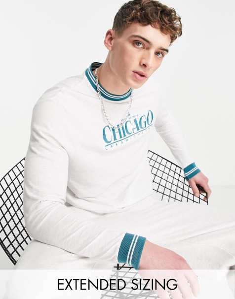ASOS DESIGN relaxed long sleeve t-shirt in white with Chicago city embroidery & striped tipping - view 1