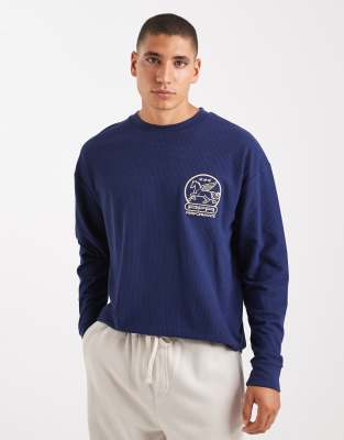 Asos Design Relaxed Long Sleeve T-shirt With Chest Embroidery In Blue