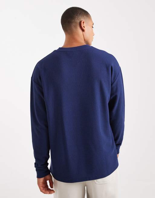 ASOS DESIGN relaxed long sleeve t-shirt with chest embroidery in navy waffle texture, 3 of 5