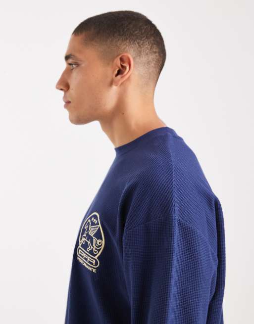 ASOS DESIGN relaxed long sleeve t-shirt with chest embroidery in navy waffle texture, 4 of 5