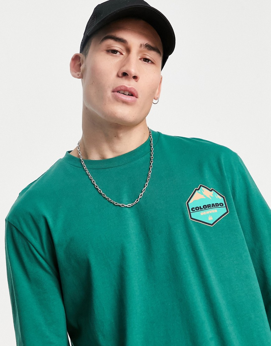 ASOS DESIGN relaxed long sleeve t-shirt with Colorado mountain chest print-Green