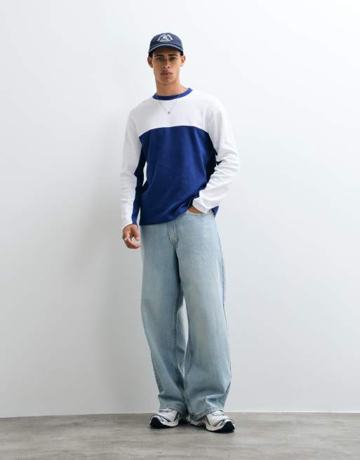 ASOS DESIGN relaxed long sleeve t-shirt with contrast in blue and white waffle, 2 of 5