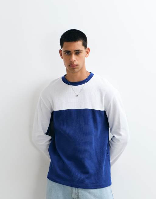 ASOS DESIGN relaxed long sleeve t-shirt with contrast in blue and white waffle, 5 of 5