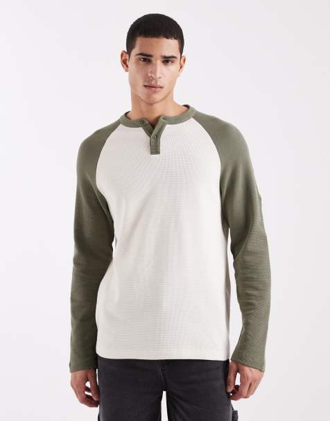 ASOS DESIGN relaxed long sleeve t-shirt with contrast raglan and henley neck in cream waffle - view 1