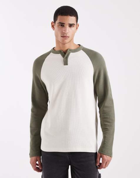 ASOS DESIGN relaxed long sleeve t-shirt with contrast raglan and henley neck in cream waffle