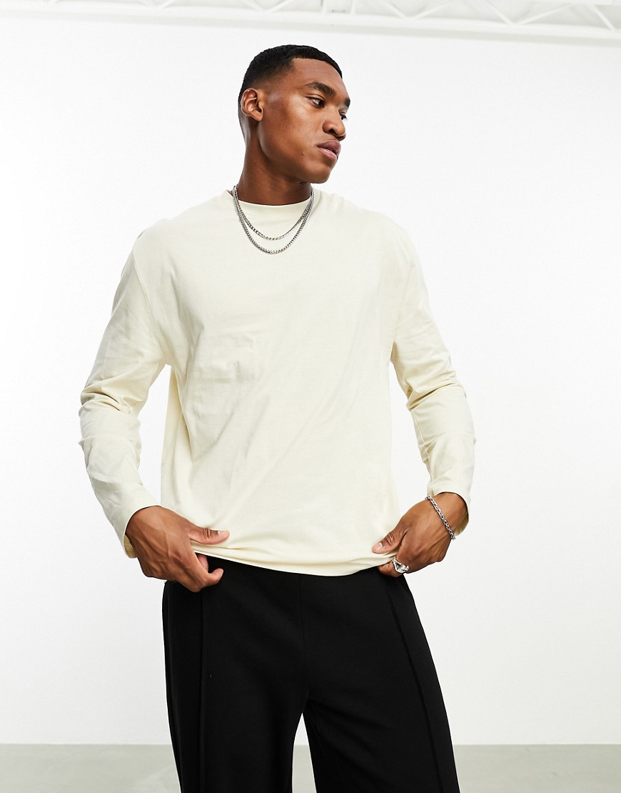 ASOS DESIGN relaxed long sleeve t-shirt with crew neck in beige-Neutral