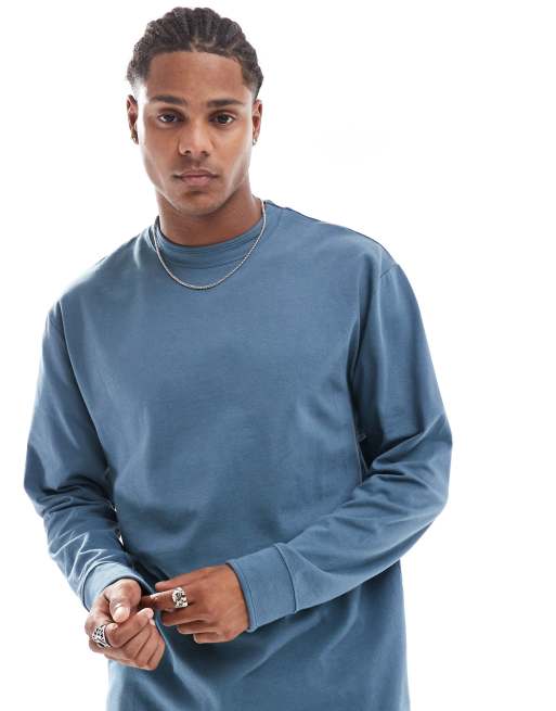 ASOS DESIGN relaxed long sleeve t shirt with cuffed sleeves in blue ASOS