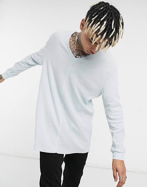 ASOS DESIGN relaxed long sleeve t-shirt with deep v neck in light blue
