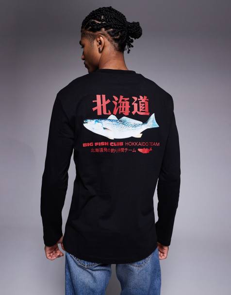 ASOS DESIGN relaxed long sleeve t-shirt with fish graphic in black - view 1