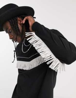 ASOS DESIGN relaxed long sleeve t-shirt with fringing and western details in black