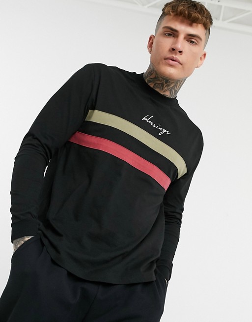 ASOS DESIGN relaxed long sleeve t-shirt with front taping & text embroidery in black