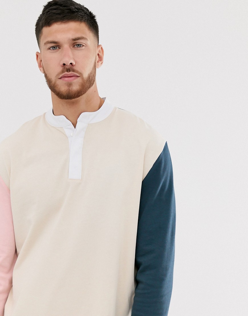 ASOS DESIGN relaxed long sleeve t-shirt with grandad neck and contrast sleeves-Beige