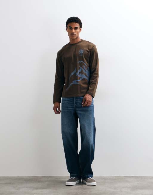 ASOS DESIGN relaxed long sleeve t-shirt with graphic in brown, 2 of 5