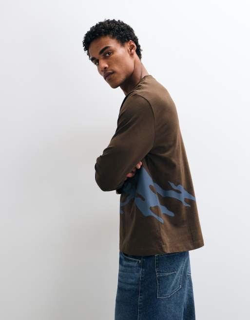 ASOS DESIGN relaxed long sleeve t-shirt with graphic in brown, 3 of 5