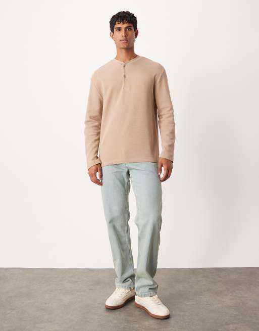 ASOS DESIGN relaxed long sleeve t-shirt with henley neck in beige waffle , 2 of 5