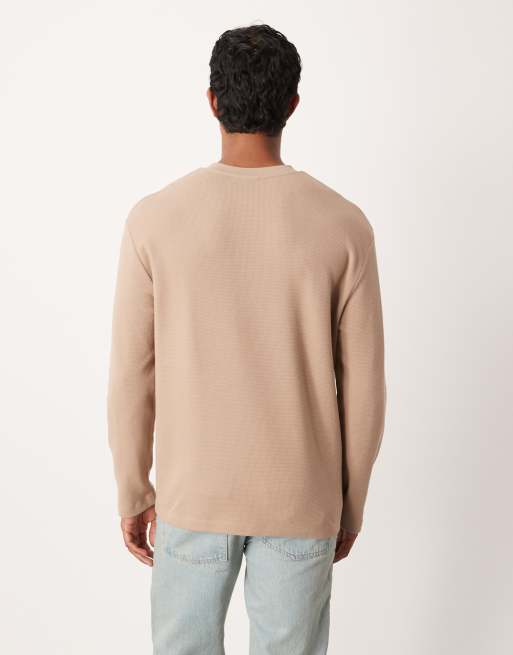 ASOS DESIGN relaxed long sleeve t-shirt with henley neck in beige waffle , 3 of 5