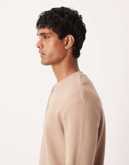 ASOS DESIGN relaxed long sleeve t-shirt with henley neck in beige waffle , 4 of 5