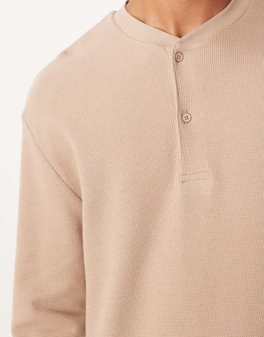 ASOS DESIGN relaxed long sleeve t-shirt with henley neck in beige waffle , 5 of 5