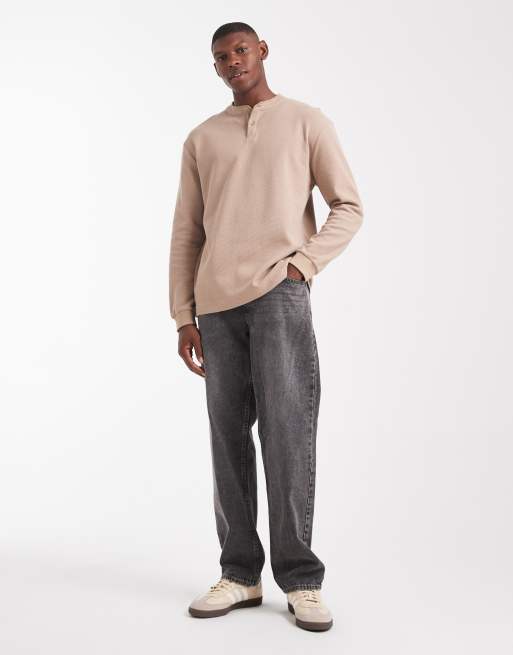 ASOS DESIGN relaxed long sleeve t-shirt with henley neck in beige waffle  , 2 of 5