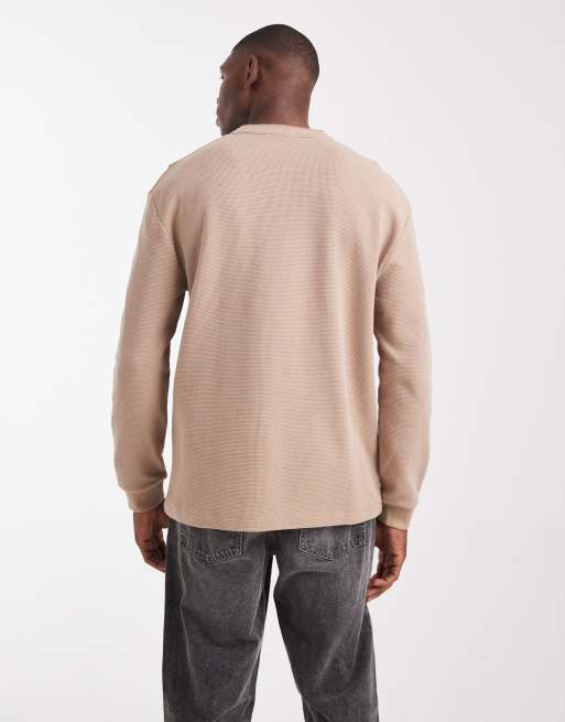 ASOS DESIGN relaxed long sleeve t-shirt with henley neck in beige waffle  , 3 of 5
