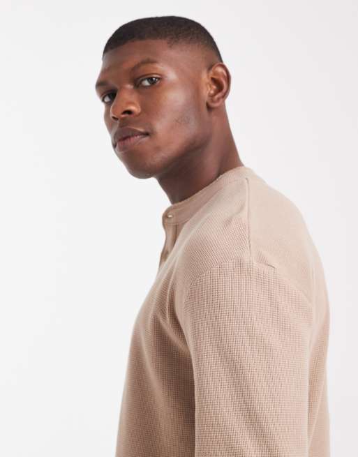 ASOS DESIGN relaxed long sleeve t-shirt with henley neck in beige waffle  , 4 of 5