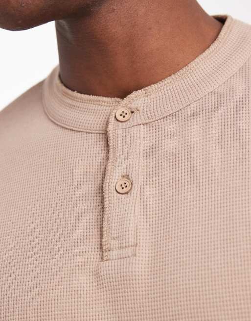 ASOS DESIGN relaxed long sleeve t-shirt with henley neck in beige waffle  , 5 of 5