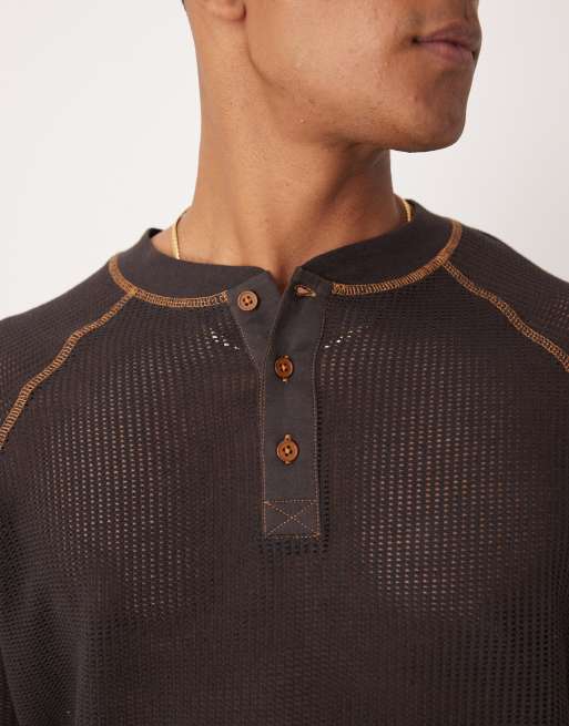 ASOS DESIGN relaxed long sleeve t-shirt with henley neck in brown mesh, 2 of 4