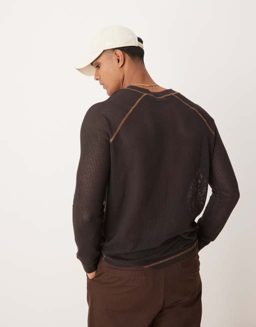 ASOS DESIGN relaxed long sleeve t-shirt with henley neck in brown mesh, 4 of 4