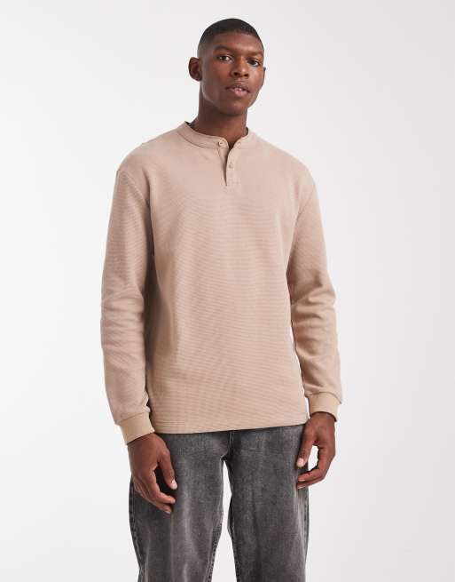 ASOS DESIGN relaxed long sleeve t-shirt with henley neck in brown waffle