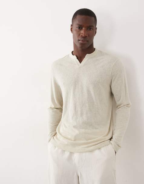ASOS DESIGN relaxed long sleeve t-shirt with notch neck in beige linen look - view 1